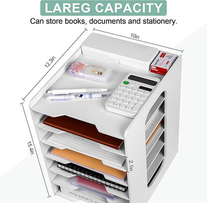 Paper Organizer Storage for Desk, 7 Tier Construction File Organizer Paper Sorter, Desktop Document Storage Holder for Home Office School, White