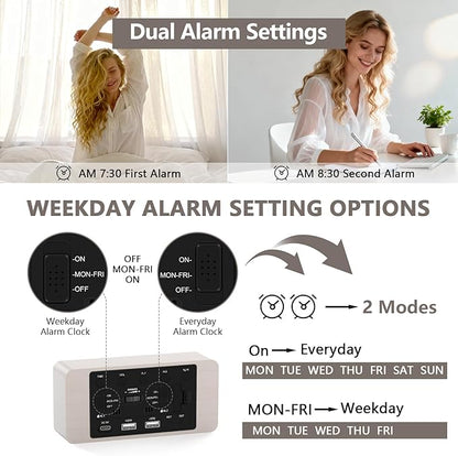 Wooden Digital Alarm Clock for Bedroom - Desk Clock with Date, Day of Week, Temperature, Dual Alarms, Dimmer, USB Port Charge, DST, Adjustable Volume for Living Room/Office Wood Decor (White)
