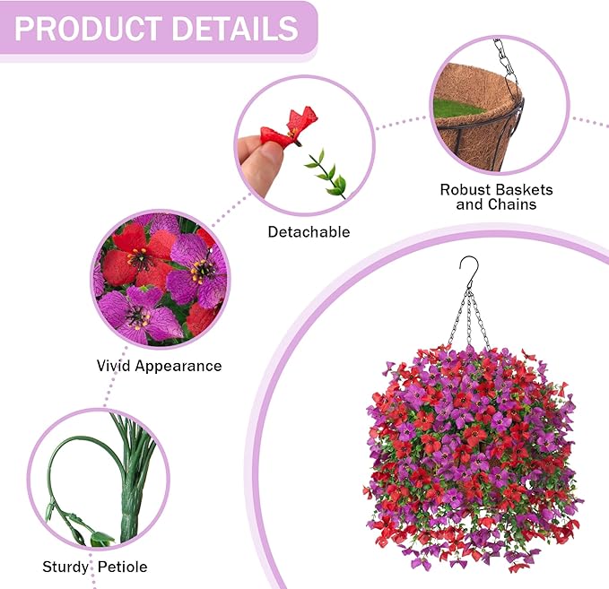 Artificial Hanging Flowers Plants with Basket for Outdoors, Realistic Faux Silk Daisy Flower Eucalyptus for Spring Decor, UV Resistant Fake Plants for Porch Patio Yard Balcony, Red Purple