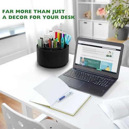 Bamboo Rotating Pencil Holder for Desk - Pen Holder Desk Organizer with 7 Compartments, Black Office Supplies Desktop Storage Caddy for Colored Pencils, Markers, Crayon, Comestics and Cutlery