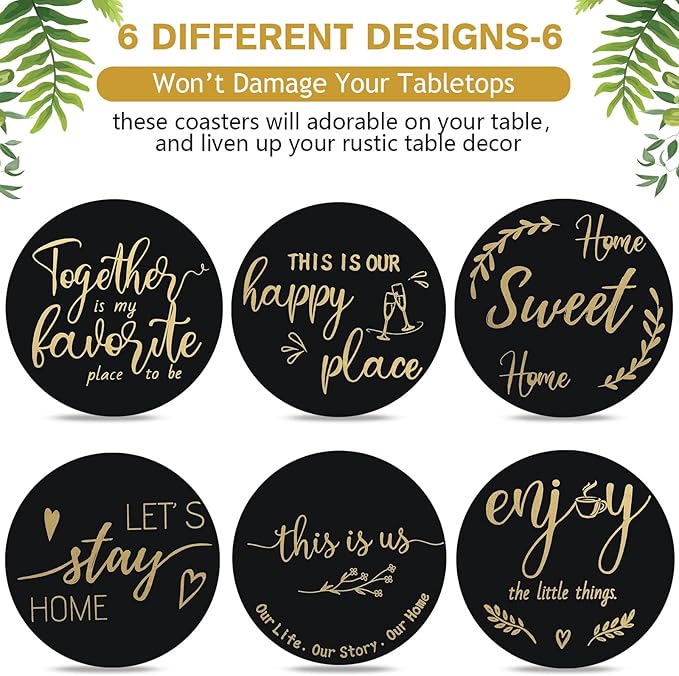 Queekay Coasters Set of 6 House Warming Gifts New Home Wooden Farmhouse Drink Coasters with Holder 4'' Funny Decoration for Kitchen Family Coffee Bar Tabletop Protection(Black Gold)