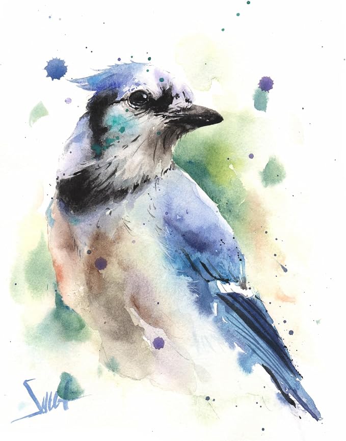 Watercolor Blue Jay Wall Art Print - Perched Bird Painting - Animal Decor
