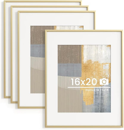 16x20 inch Metal Picture Frame - 16 x 20 Thin Aluminum Photo Frames with 11x14 Removable Mat - High Definition Plexiglass - Vertical and Horizontal Display - Wall Hook Hanging Hardware Included - Gold, Set of 4