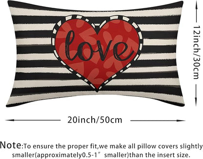 Valentines Day Pillow Covers 12x20 Set of 2 Black Red Heart Throw Pillow Covers Striped Love Pillowcase Linen Decoration Farmhouse Holiday Cozy Soft Cushion Case Couch for Indoor Outdoor Home Decor
