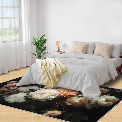 Flowers 5x8 Area Rugs for Living Room Peony Washable Rug Rustic Flowers Rug Non Slip Low Pile Soft Area Rugs for Bedroom Bedside Dining Room Kids
