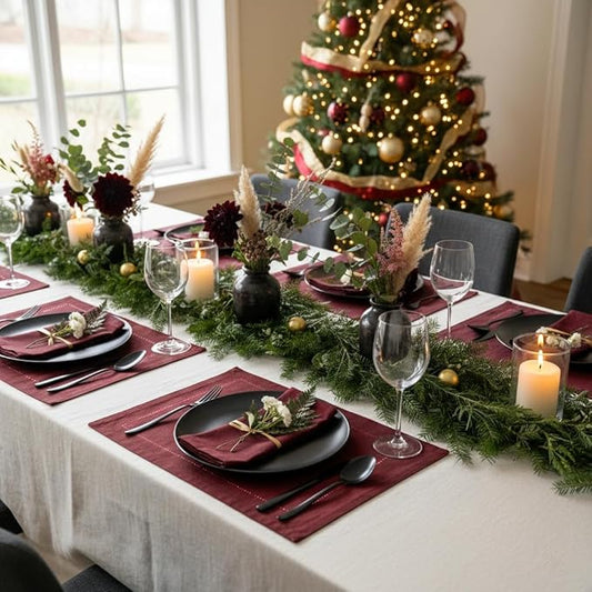 D'Moksha Homes Linen Placemats Set of 4 - Classic Hemstitch Dark Red Placemats 14 x 19 Inch - 100% Pure Linen Table Mats for Valentines, Holiday, New Year - Handcrafted and Machine Washable