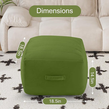 MeMoreCool Square Pouf Ottoman – Stuffed Foam Footrest for Living Room, Green Soft Velvet Texture | Portable Handle | Machine Washable Cover | Compact & Cozy Floor Seat