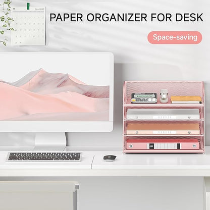 4-Tier Paper Organizer for Desk With Handle, Mesh Desktop File Tray, Office Classroom Organization and Storage - Pink