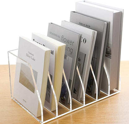 Acrylic Magazine File Holder, 6 Vertical Compartments Desk Document Sorter Organizer, Clear Folder Rack Binder for Office, Documents, Tablets, Magazines, Books – Home/Classroom Rack