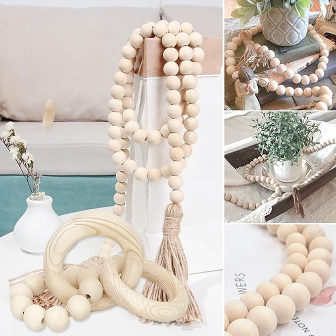 2 pcs Decorative Wood Knot Link Chain and Bead Decor, Natural Wooden Knot Decor for Coffee Table Farmhouse Decortive for Home Boho Modern Shelf Decortion(Natural)