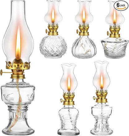 6 Pcs Oil Lamp Vintage Glass Kerosene Lamp for Indoor Use Rustic Decorative Glass Hurricane Lantern with Wick for Home Tabletop Decor Emergency Lighting, 6 Style(Gold)