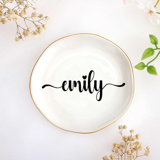 JoycuFF Emily Personalized Name Ceramic Jewelry Tray, Mothers Day Christmas Anniversary Engagement Birthday Gifts for Women Couples, Trinket Dish for Rings Earrings Necklaces Bracelets Keys