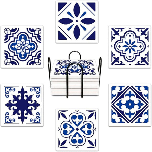 Coasters for Drinks Set of 6, Navy Blue Ceramic Tiles Geometric Pattern Absorbent Square Ceramic Stone Mat, with Cork Base and Metal Holder, Gift for Housewarming Room Bar Decor