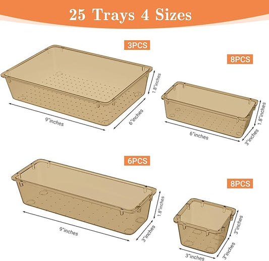 25 PCS Plastic Drawer Organizer Set, 4-Size Versatile Organizer Trays & storage Bins for Makeup, Jewelry, and Gadgets in Bathroom, Bedroom and Office,Champagne