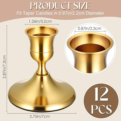12PCS Brass Gold Taper Candle Holders Set, Vintage Metal Candlestick Holders for Table Centerpiece, Wedding Reception, Festive Christmas Mantel Decoration or Home Decor