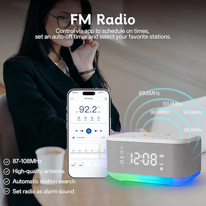 Bluetooth Alarm Clock Radio Bedroom, Digital Dual Alarm Clock Bedroom, Up to 10 Alarms Clock Night Light Speaker App/Button Control FM Charge Snooze Adjustable Volume Dim 12/24H, Grey