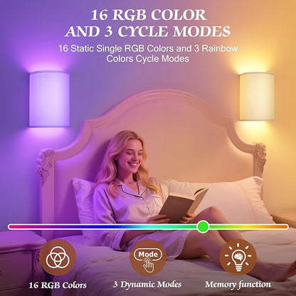 OCATO Battery Operated Wall Sconce: Wireless Wall Sconces Set of Two Battery Operated Magnetic Lamp Rechargeable Lights Dimmable with 16 RGB Colors with Remote Walls Decor for Bedroom Living Room