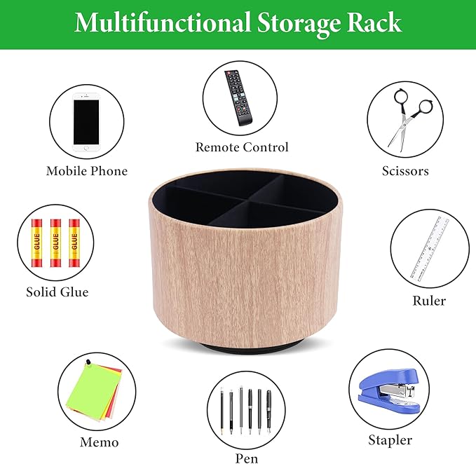 Round Leather Art Supply Organizer,Remote Control Holder,360 Degree Spinning,Multi-Functional Pencil Holder,4 Compartments Desktop Stationary Organizer(1-Thin Wood Yellow)