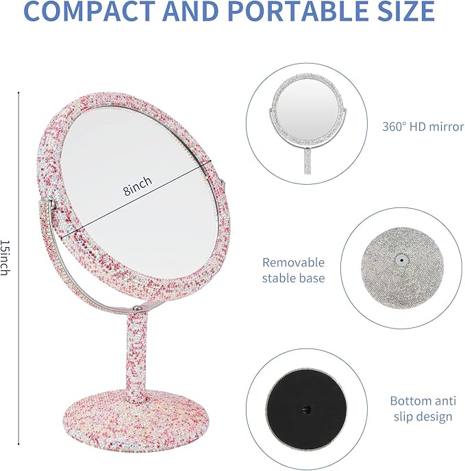 KEYPOWER Bling Rhinestone Makeup Vanity Mirror Round with Stand Double Side Cosmetic Glitter Movable Desk Bathroom Bedroom Tabletop(Pink)