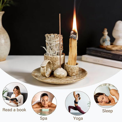 4.1-Inch 5-in-1 Ceramic Smudge Bowl-Versatile Incense Stick Holder and Smudging Dish for Palo Santo and Sage–Ideal for Zen Altar, Meditation,Yoga, and Aromatherapy–Easy to Clean Brown Design