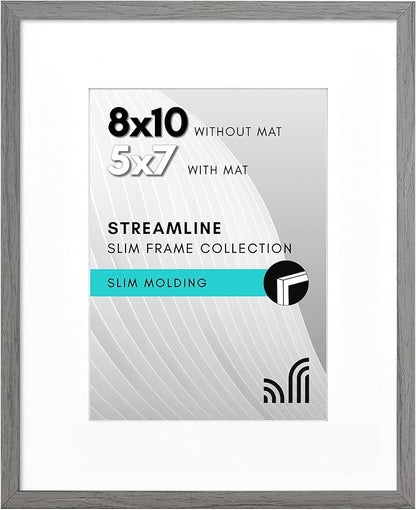 Americanflat 8x10 Picture Frame with Shatter-Resistant Glass - Use as 5x7 Frame with Mat or Display 8x10 Photo Without Mat - Streamline Collection - Picture Frames for Tabletop and Wall - Grey