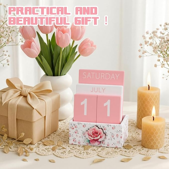 Pink Rose Wood Block Perpetual Calendar Coquettish Desk Decor Cute Month Week Date Display Decorative Block Calendar for Women Office Home Desk Gift for Women