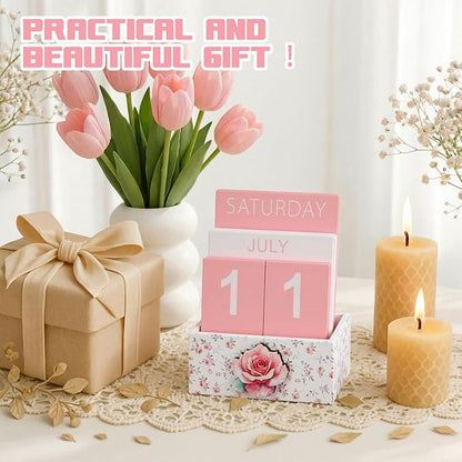 Pink Rose Wood Block Perpetual Calendar Coquettish Desk Decor Cute Month Week Date Display Decorative Block Calendar for Women Office Home Desk Gift for Women