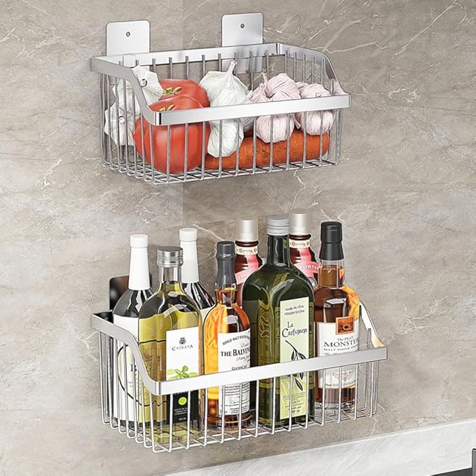 2PCS Hanging Storage Baskets Organizer Wall Mount, SUS304 Stainless Steel Wire Storage Bin Rack for Kitchen Bathroom Shower Spice Shelf,L 9.84 Inch