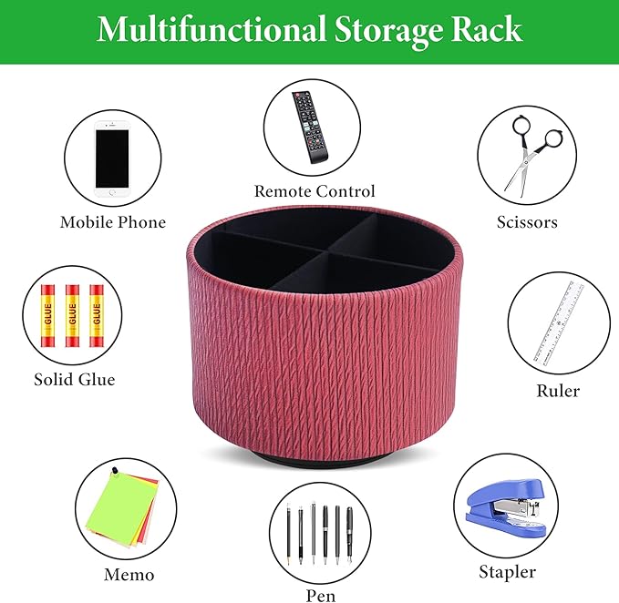 Round Leather Art Supply Organizer,Remote Control Holder,360 Degree Spinning,Multi-Functional Pencil Holder,4 Compartments Desktop Stationary Organizer(1-Wood Red)