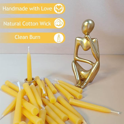 Meditation Beeswax Taper Candles Set, 20 Minute Pure Beeswax Mini Prayer Candles, 30 pcs Small Wishing Candle with Brass Candle Holders for Home Yoga
