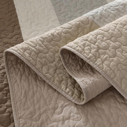 EWlinens 100% Cotton 120"x102" Oversized Queen Bedspread, Farmhouse Striped Patchwork Oversized Queen Quilted Bedspreads Coverlet Set, Extra Large Quilt Bed Spread, 3pcs Bed Blanket, Brown/Gray/White