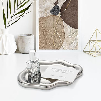 Silver Ceramic Cloud Jewelry Dish Tray, Elegant Trinket Dish for Rings/Earrings/Bracelets/Watch/Keys, Vanity Perfume & Key Tray, Gift for Women’s Birthday/Mother’s Day/Valentine’s Day