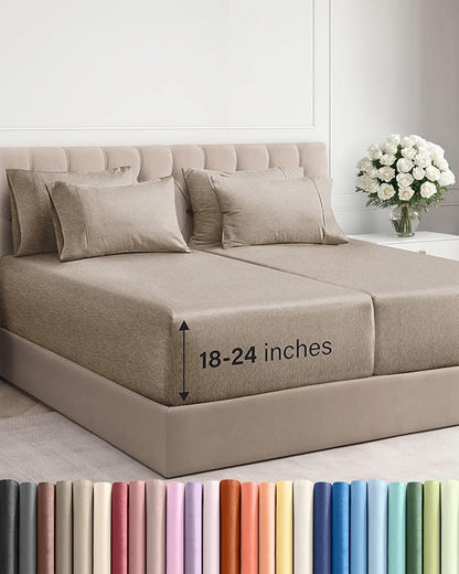 Extra Deep Split King Sheet Set - 7 Piece Breathable & Cooling Sheets - Hotel Luxury Bed Sheets Set - Easy Fit - Soft, Wrinkle Free & Comfy Sheets Set - Heathered Beige Sheet Set w/Extra Deep Pockets