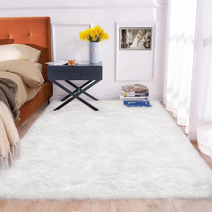 White Rugs for Living Room 6x9 Area Rugs for Bedroom Large Washable Faux Sheepskin Fluffy Fur Rug Nursery Rugs Room Décor