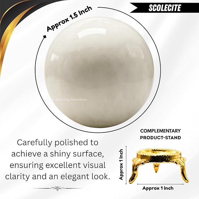 Amazing Gemstone Scolecite Crystal Ball with Stand - 1.5 Inches Crystal Sphere Meditation Balls for Witchcraft and Decorative Balls