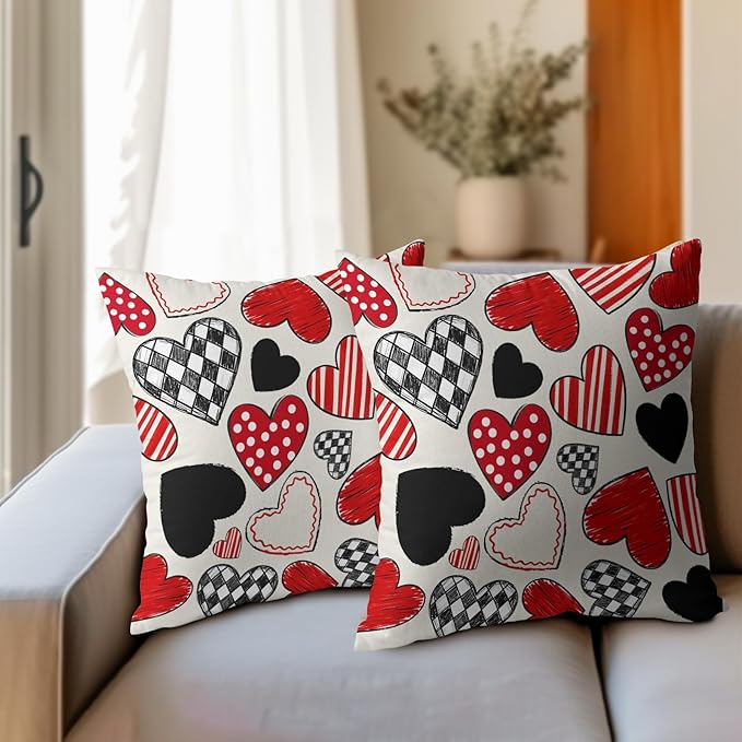 Valentines Day Pillow Covers 16x16 Set of 2 Black Red Heart Throw Pillow Covers Love Pillowcase Linen Decoration Farmhouse Holiday Cozy Soft Cushion Case Couch for Indoor Outdoor Home Decor