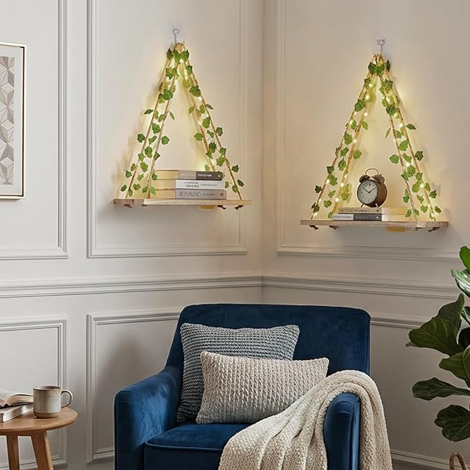 RICHER HOUSE Artificial Ivy LED-Strip Wall Hanging Shelves Set of 2, Macrame Shelf No Drilling for Bedroom Living Room Kitchen, Wood Hanging Plant Shelves for Wall Décor, Christmas Decorations
