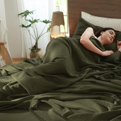 MooMee Muslin Blanket - 100% Cotton 4-Layer Gauze Throw Blanket with All-Around Fringe, Ultra-Soft Breathable Lightweight Cooling Decorative for Bed, Sofa & Couch (Olive Green,Throw 60" x 50")