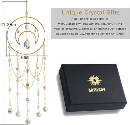Artilady Suncatcher,Moon Sun Catcher-Large Prism Suncatcher Crystal Wind Chimes for Window Boho Home Garden Backyard Room Ceiling Charming Decor Christmas Birthday Handmade Gift for Women