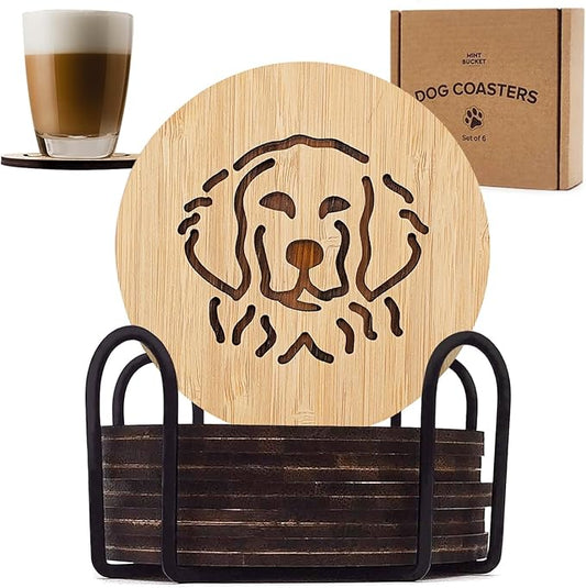 Set of 6 Bamboo Coasters with Holder - 3.9 Inch Fun Dog Coasters - Non-Stick Absorbent Engraved Laser-Cut - Durable, Washable (Retriever)