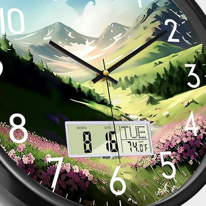 Digital Large Display Silent Wall Clock with Temperature Date Mountain Flowers Modern Non-ticking Battery Operated Mount Clocks Bathroom Kitchen Clock Farmhouse Living Room Office Decor 14 Inch