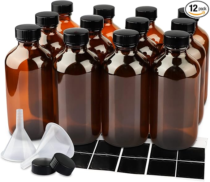 12 Pack 8 oz Amber Glass Bottles, 240ml Boston Round Sample Bottles with Black Poly Cone Caps, Labels and Funnels