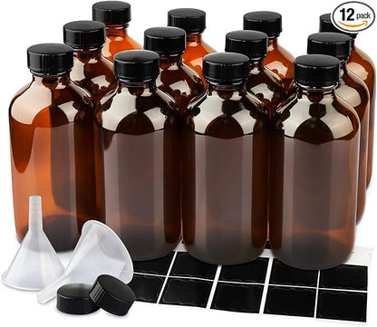 12 Pack 8 oz Amber Glass Bottles, 240ml Boston Round Sample Bottles with Black Poly Cone Caps, Labels and Funnels