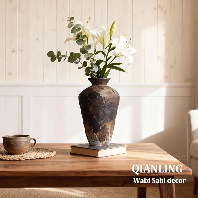 Wabi Sabi Decor Rusty Vintage Vase - 8.7" Tall Rustic Farmhouse Wabi Sabi Vase for Centerpiece, Pottery Stone Flower Vases for Home Decor, Table, Living Room, Bedroom, Bathroom, Kitchen (Smoky Earth)