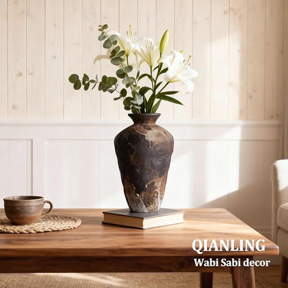 Wabi Sabi Decor Rusty Vintage Vase - 8.7" Tall Rustic Farmhouse Wabi Sabi Vase for Centerpiece, Pottery Stone Flower Vases for Home Decor, Table, Living Room, Bedroom, Bathroom, Kitchen (Smoky Earth)