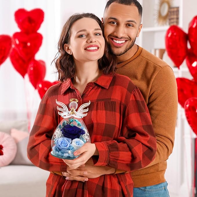 FIACO Gifts for Women Birthday Preserved Rose Forever Flower in Glass Angel Figurines Fresh Flowers for Delivery Prime for Mom Real Roses for Grandma Sister Wife Her from Daughter