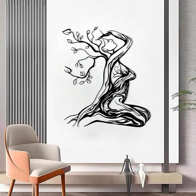 Abstract Tree Branch Woman Metal Wall Art, Metal Woman Silhouette Wall Decor, Tree Wall Decor, Feminine Wall Art, Modern Minimalist Line Decoration for Bedroom Bathroom (White, 39"x35"/100x88cm)