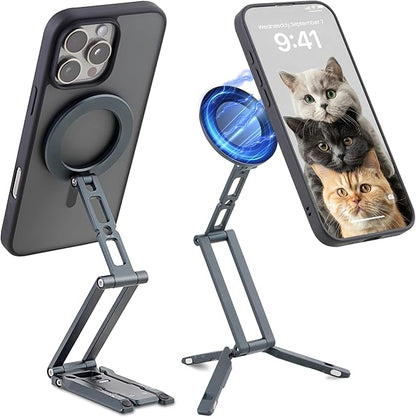 Leftfoto Metal Strong Magnetic Phone Stand 3-Axis Adjustable Foldable Cell Phone Mini Tripod Desk Holder Compatible with iPhone17/Promax16/15 Pro Max/14 Pro/13/12/MagSafe Cases or Android Phones