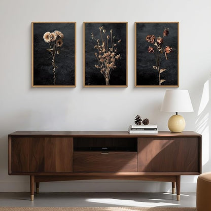 Aryroi Large Moody Dark Floral Framed Canvas Wall Art,Vintage Dried Flowers Wall Decor,Modern Retro Wildflowers Artwork,Mid Century Boho Botanical Art Print For Living Room,Bedroom,Office-16 x24 x3