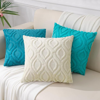 decorUhome Spring Euro Sham Throw Pillow Covers 22x22 Inch Set of 2, Soft Plush Faux Wool Turquoise Solid Couch Pillow Covers, Accent Farmhouse Neutral Square Pillow Cases for Sofa Bed Living Room